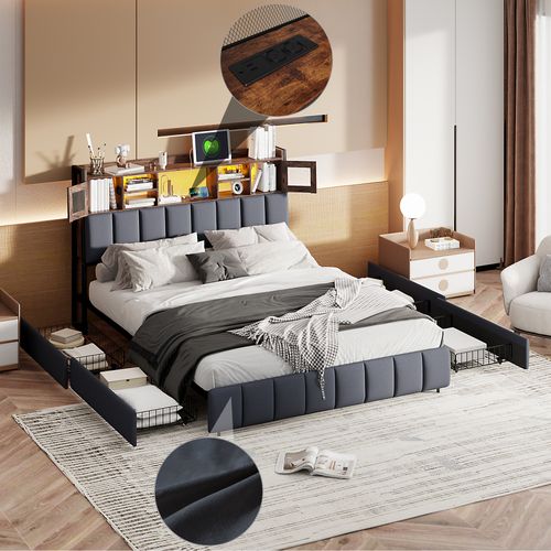 Lit Rembourré 140x200cm Avec USB Et Prises, Avec 4 Tiroirs, Avec LED, Lin,noir