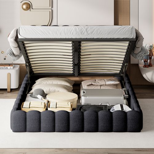 Lit 180x200cm Avec LED Tête De Lit, Lit Capitonné Avec Rangement, Lit Coffre, Lin, Gris