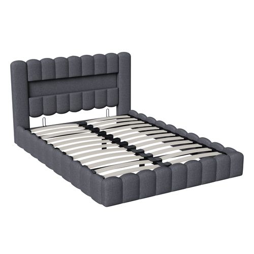 Lit 180x200cm Avec LED Tête De Lit, Lit Capitonné Avec Rangement, Lit Coffre, Lin, Gris