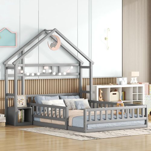 Lit Cabane Enfants 140 X 200 Cm Avec Rangements Et Garde-corps Avec Tables De Chevet, Gris