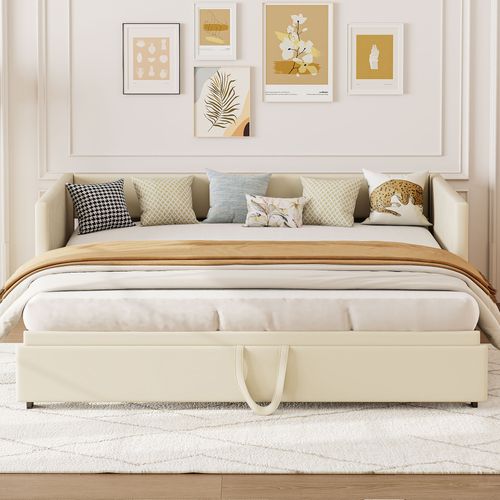 Canapé-lit Extensible 90/180 X 200 Cm Avec Sommier à Lattes,canapé Lit 2 Places,velours, Beige