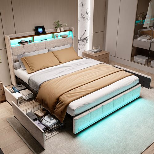Lit 160x200 Sommier LED Et 2 USB, Type-c, Lit Capitonné Lit Double Avec 4 Tiroirs, Lin, Beige