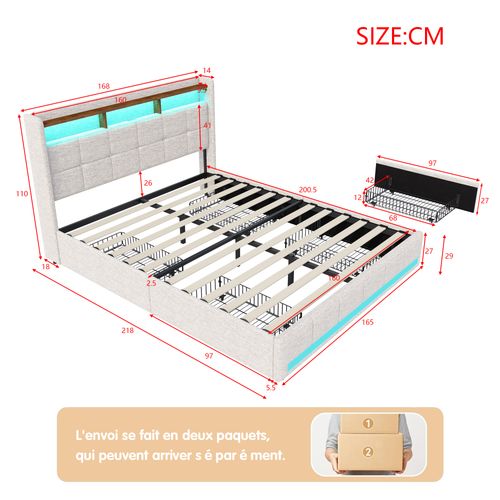 Lit 160x200 Sommier LED Et 2 USB, Type-c, Lit Capitonné Lit Double Avec 4 Tiroirs, Lin, Beige