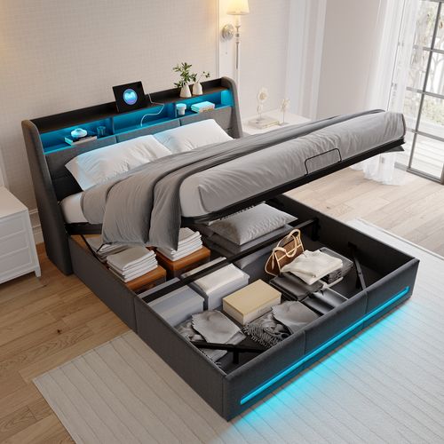 Lit Coffre 140x200 Avec Sommier, Lit Coffre Avec Port USB De Type C, Éclairage LED, Lin, Gris