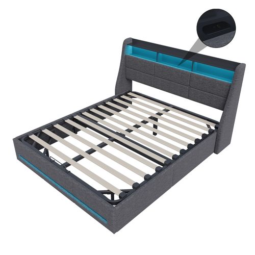 Lit Coffre 140x200 Avec Sommier, Lit Coffre Avec Port USB De Type C, Éclairage LED, Lin, Gris