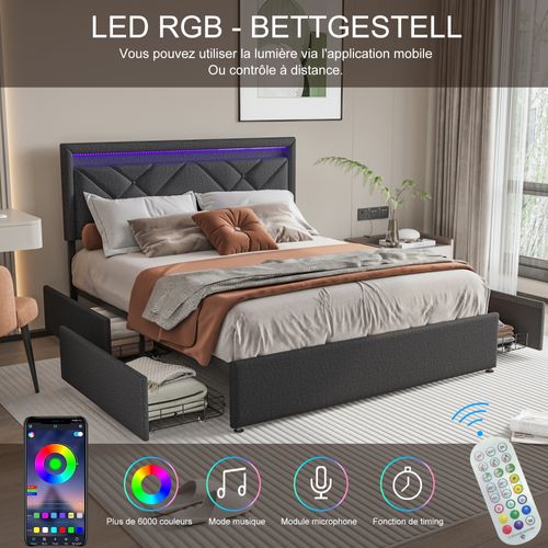 Lit 160x200 Avec Sommier Et 4 Tiroirs, 140x200 Avec LED,port USB De Type C,lin,gris