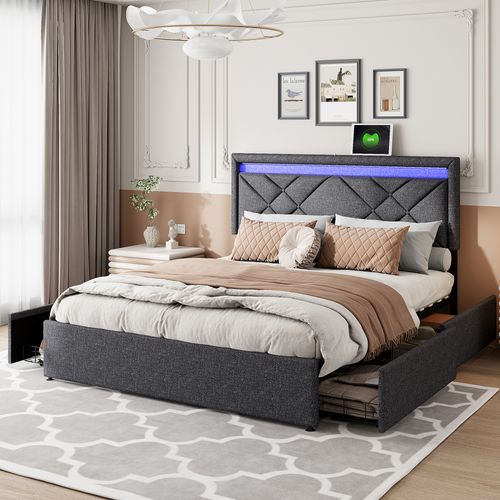Lit 160x200 Avec Sommier Et 4 Tiroirs, 140x200 Avec LED,port USB De Type C,lin,gris