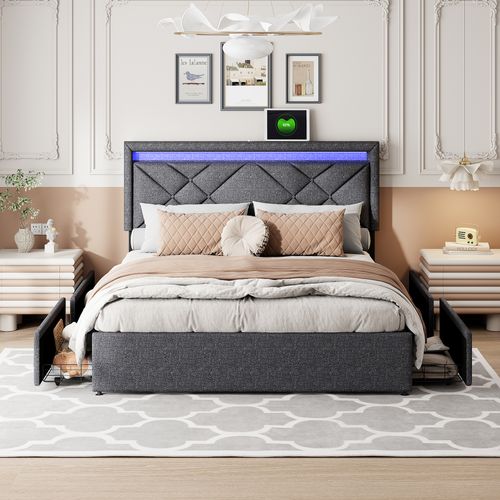 Lit 160x200 Avec Sommier Et 4 Tiroirs, 140x200 Avec LED,port USB De Type C,lin,gris