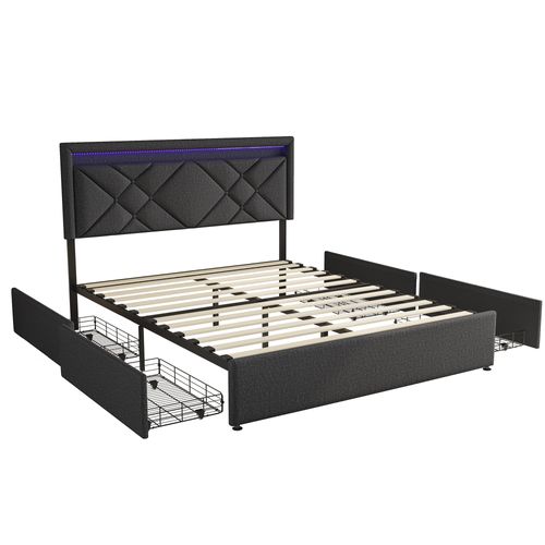 Lit 160x200 Avec Sommier Et 4 Tiroirs, 140x200 Avec LED,port USB De Type C,lin,gris