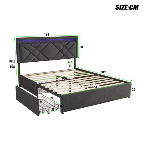 Lit 160x200 Avec Sommier Et 4 Tiroirs, 140x200 Avec LED,port USB De Type C,lin,gris