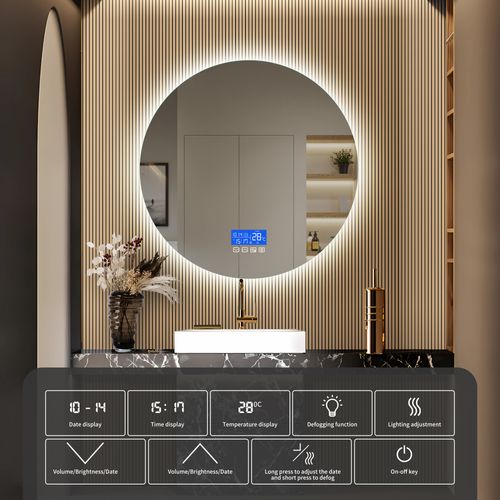 Miroir LED Rond Salle De Bain 100x100 Cm - Anti-buée, 3 Couleurs, Heure Et Température, Ip44