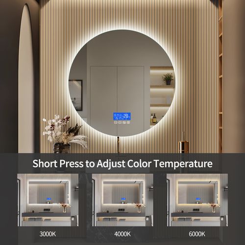 Miroir LED Rond Salle De Bain 100x100 Cm - Anti-buée, 3 Couleurs, Heure Et Température, Ip44