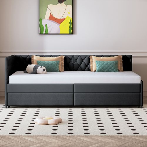 Lit Gigogne 90x200cm - Canapé Lit Avec Sommier à Lattes -  Avec Motif Boutons - En Velours Gris