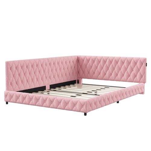 Lit 140x200cm, Lit Double Avec LED, Port USB, Type-c, Tissu En Peluche, Canapé-lit, Rose