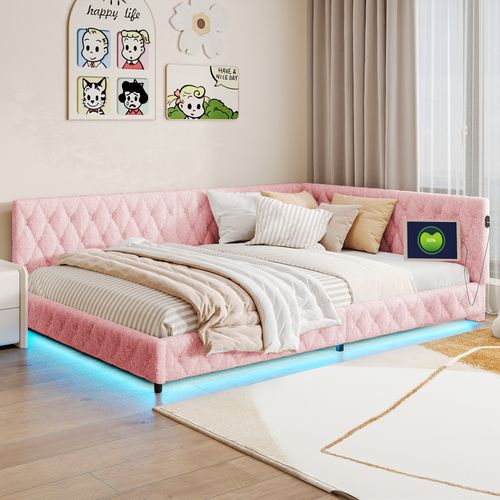 Lit 140x200cm, Lit Double Avec LED, Port USB, Type-c, Tissu En Peluche, Canapé-lit, Rose