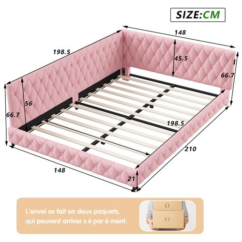 Lit 140x200cm, Lit Double Avec LED, Port USB, Type-c, Tissu En Peluche, Canapé-lit, Rose
