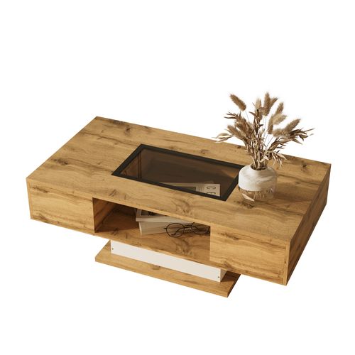 Table Basse, En Bois Avec LED, Compartiment De Rangement En Verre Et 2 Tiroirs