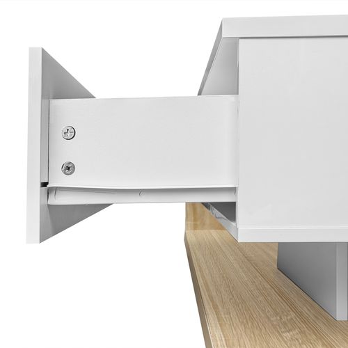 Table Basse Brillant, 105x55x32.5cm, Avec Verre Et Effet LED Et 1 Tiroir, Naturel Et Blanc