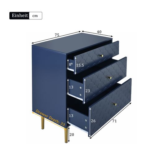 Commode à Tiroirs - 3 Tiroirs - Bleu Marine
