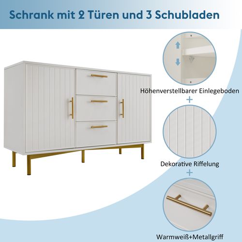 Commode à 3 Tiroirs Avec 2 Portes, Commode Blanche Avec Étagère Réglable