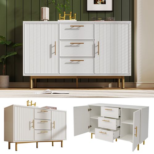 Commode à 3 Tiroirs Avec 2 Portes, Commode Blanche Avec Étagère Réglable
