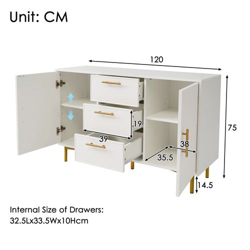 Commode à 3 Tiroirs Avec 2 Portes, Commode Blanche Avec Étagère Réglable