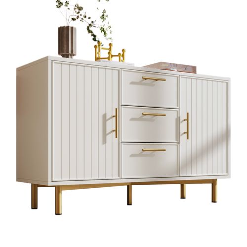 Commode à 3 Tiroirs Avec 2 Portes, Commode Blanche Avec Étagère Réglable