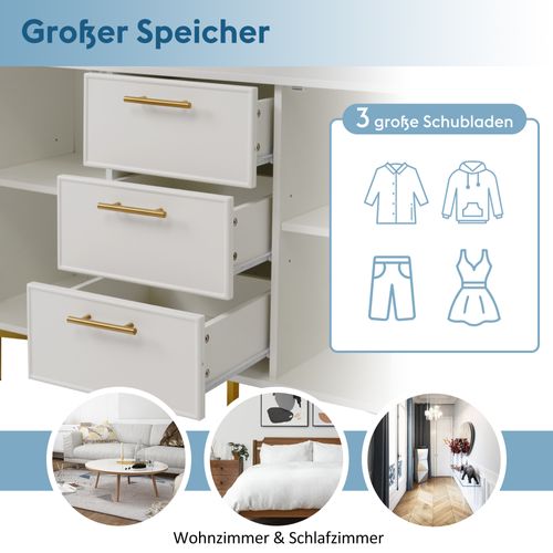 Commode à 3 Tiroirs Avec 2 Portes, Commode Blanche Avec Étagère Réglable