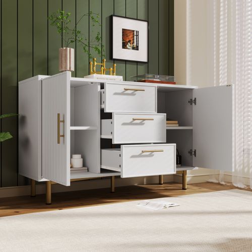 Commode à 3 Tiroirs Avec 2 Portes, Commode Blanche Avec Étagère Réglable