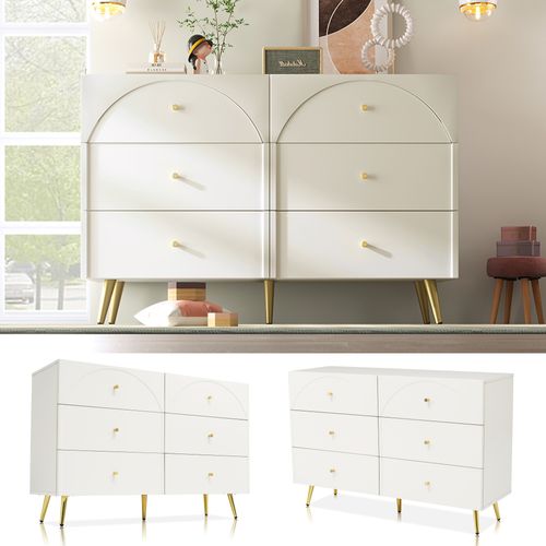 Commode à Tiroirs Avec 6 Tiroirs, Buffet Haut Blanc Pour Chambres Et Tous Les Salons, Blanc Crème