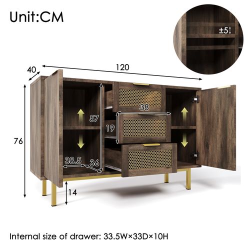 Buffet Commode Avec 3 Tiroirs Et 2 Portes, 120 X 40 X 76 Cm, Marron Foncé, Poignées En Métal