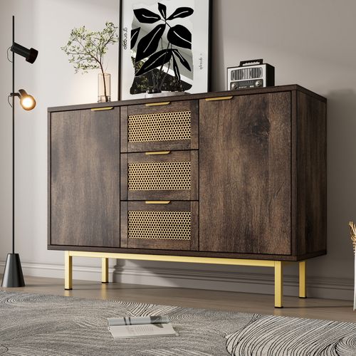 Buffet Commode Avec 3 Tiroirs Et 2 Portes, 120 X 40 X 76 Cm, Marron Foncé, Poignées En Métal