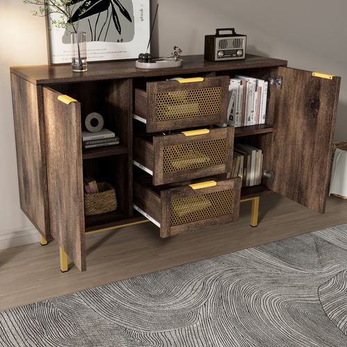 Buffet Commode Avec 3 Tiroirs Et 2 Portes, 120 X 40 X 76 Cm, Marron Foncé, Poignées En Métal