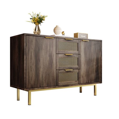 Buffet Commode Avec 3 Tiroirs Et 2 Portes, 120 X 40 X 76 Cm, Marron Foncé, Poignées En Métal
