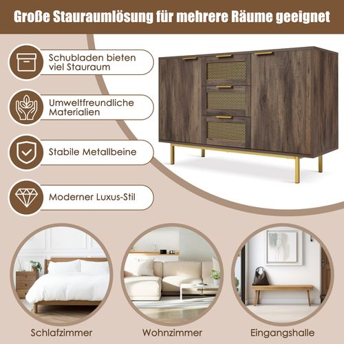 Buffet Commode Avec 3 Tiroirs Et 2 Portes, 120 X 40 X 76 Cm, Marron Foncé, Poignées En Métal