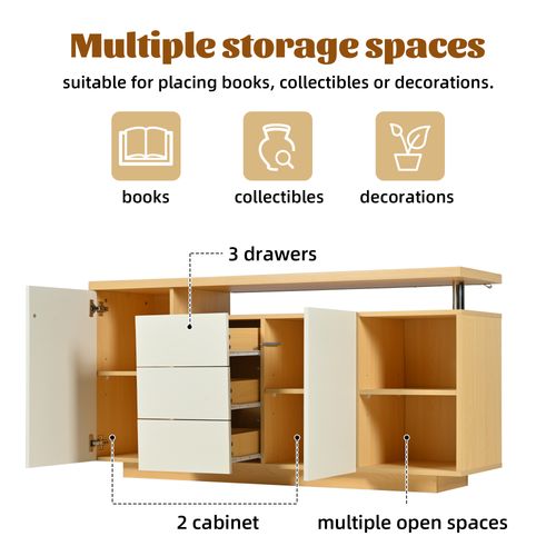 Buffet Blanc Et Bois, Buffet Salon, Buffet LED Avec 2 Portes, 3 Tiroirs, 2 Compartiments Ouverts