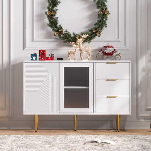 Armoire à 3 Tiroirs Et 2 Portes Avec Pieds En Métal Et Portes En Verre, Blanc