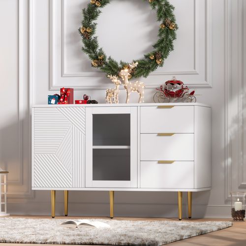 Armoire à 3 Tiroirs Et 2 Portes Avec Pieds En Métal Et Portes En Verre, Blanc
