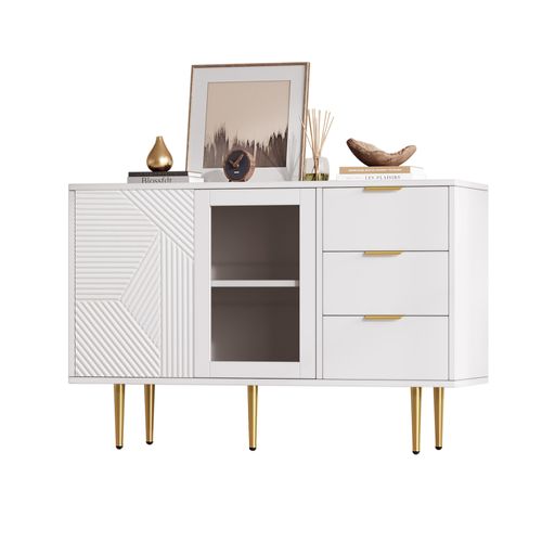 Armoire à 3 Tiroirs Et 2 Portes Avec Pieds En Métal Et Portes En Verre, Blanc