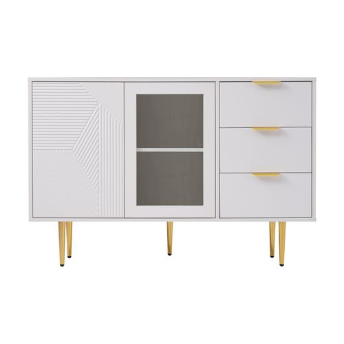 Armoire à 3 Tiroirs Et 2 Portes Avec Pieds En Métal Et Portes En Verre, Blanc