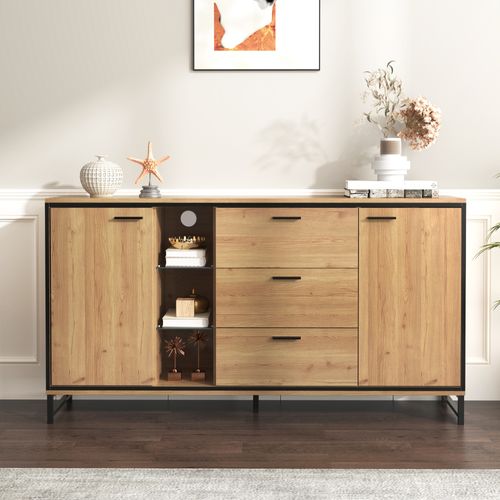 Buffet Salon, Buffet LED, Buffet Bois Avec 3 Tiroirs Et 2 Portes. Grain Exquis. Noir Et Naturel