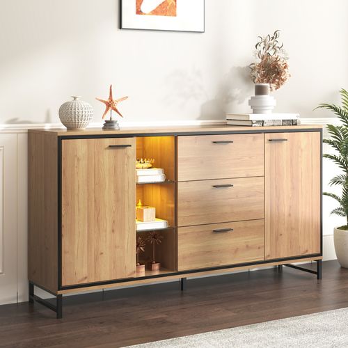 Buffet Salon, Buffet LED, Buffet Bois Avec 3 Tiroirs Et 2 Portes. Grain Exquis. Noir Et Naturel
