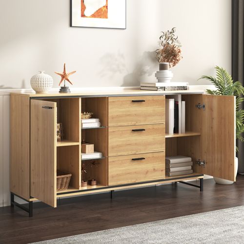 Buffet Salon, Buffet LED, Buffet Bois Avec 3 Tiroirs Et 2 Portes. Grain Exquis. Noir Et Naturel