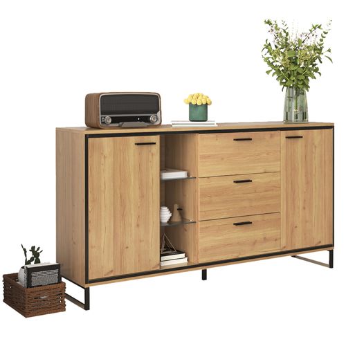 Buffet Salon, Buffet LED, Buffet Bois Avec 3 Tiroirs Et 2 Portes. Grain Exquis. Noir Et Naturel