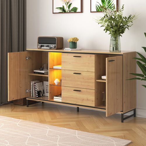 Buffet Salon, Buffet LED, Buffet Bois Avec 3 Tiroirs Et 2 Portes. Grain Exquis. Noir Et Naturel