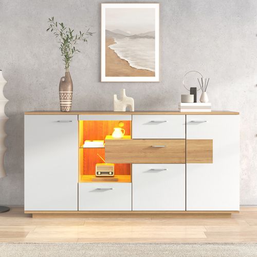 Buffet Blanc Et Bois Buffet Salon Buffet LED Avec 2 Portes Et 4 Tiroirs Étagère En Verre 160x40x77cm