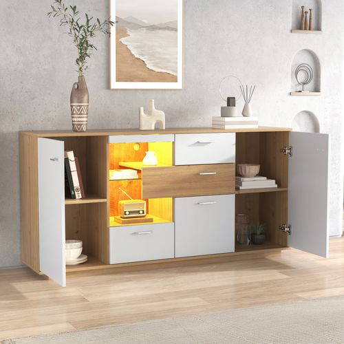 Buffet Blanc Et Bois Buffet Salon Buffet LED Avec 2 Portes Et 4 Tiroirs Étagère En Verre 160x40x77cm