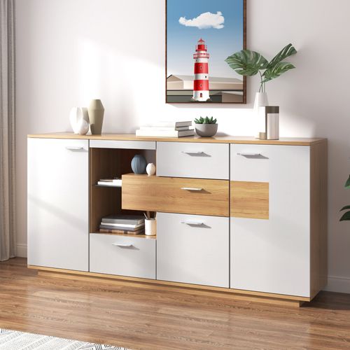 Buffet Blanc Et Bois Buffet Salon Buffet LED Avec 2 Portes Et 4 Tiroirs Étagère En Verre 160x40x77cm