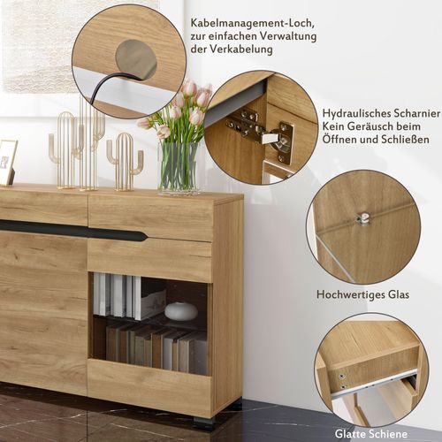 Buffet Salon, Buffet LED, Buffet Bois Avec 3 Portes Et 3 Tiroirs, Chêne