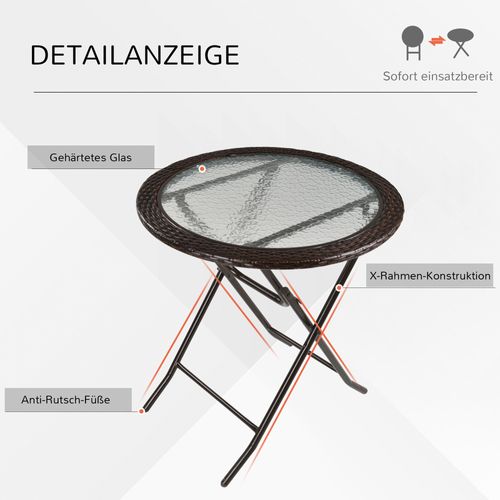 Table De Camping Pliante Ronde, Diamètre 68 Cm, Avec Bords En Rotin Et Cadre En Acier Robuste